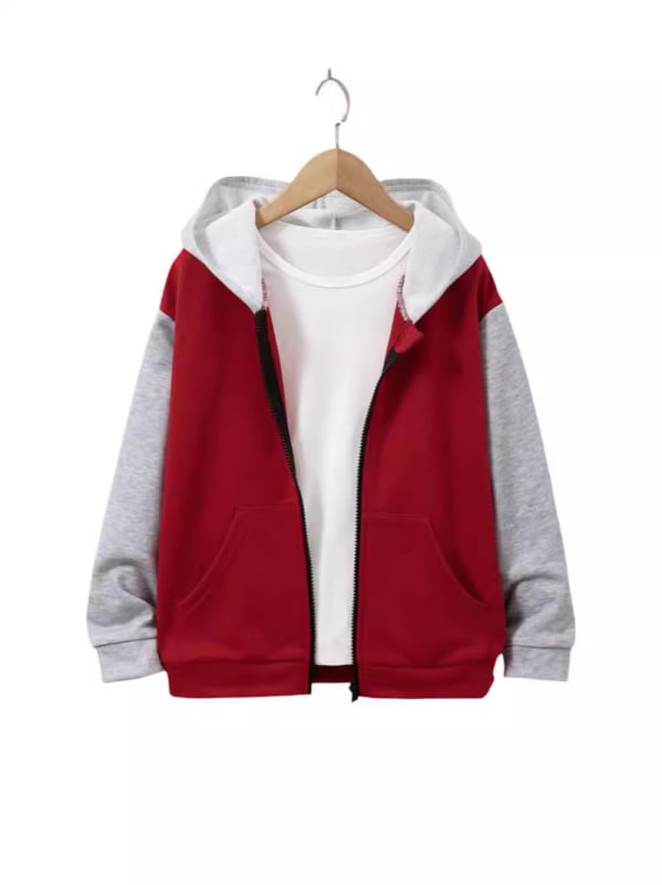 Детско яке за момчета с качулка, едноцветно, дълги ръкави, със стояща яка, 100% полиестер