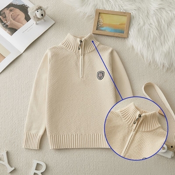 Детски плетен пуловер с полуцип, удебелен за зима, с яка с висока стойка, дълъг ръкав