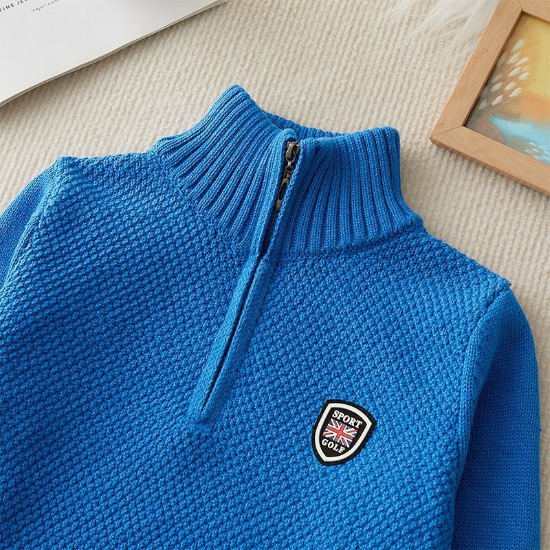 Детски плетен пуловер с полуцип, удебелен за зима, с яка с висока стойка, дълъг ръкав