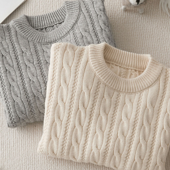 Детски плетен пуловер, удебелен заешки пух, кръгла яка, дълъг ръкав, солиден модел