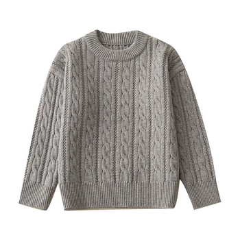 Детски плетен пуловер, удебелен заешки пух, кръгла яка, дълъг ръкав, солиден модел