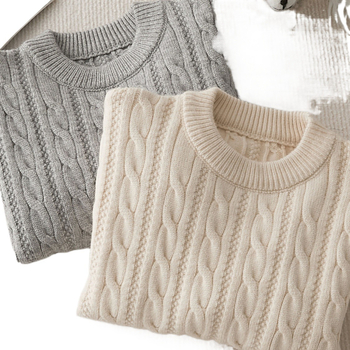 Детски плетен пуловер, удебелен заешки пух, кръгла яка, дълъг ръкав, солиден модел