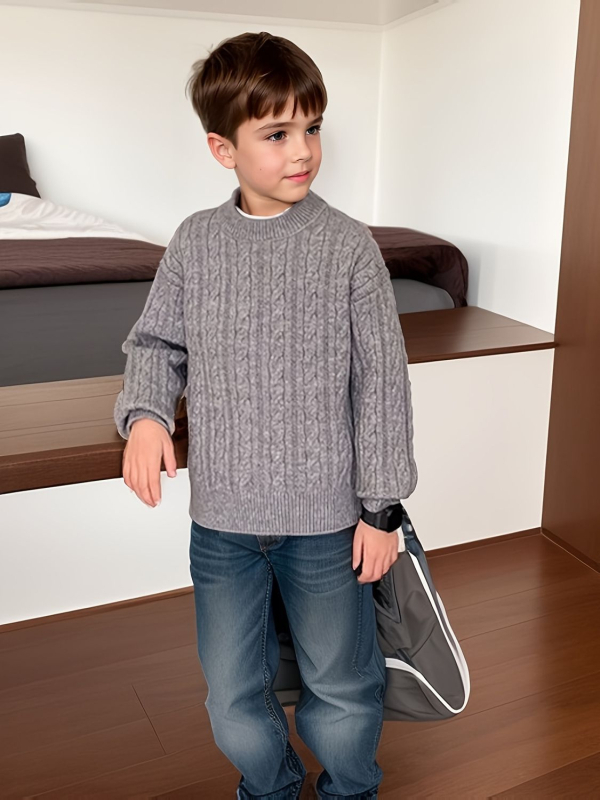 Детски плетен пуловер, удебелен заешки пух, кръгла яка, дълъг ръкав, солиден модел