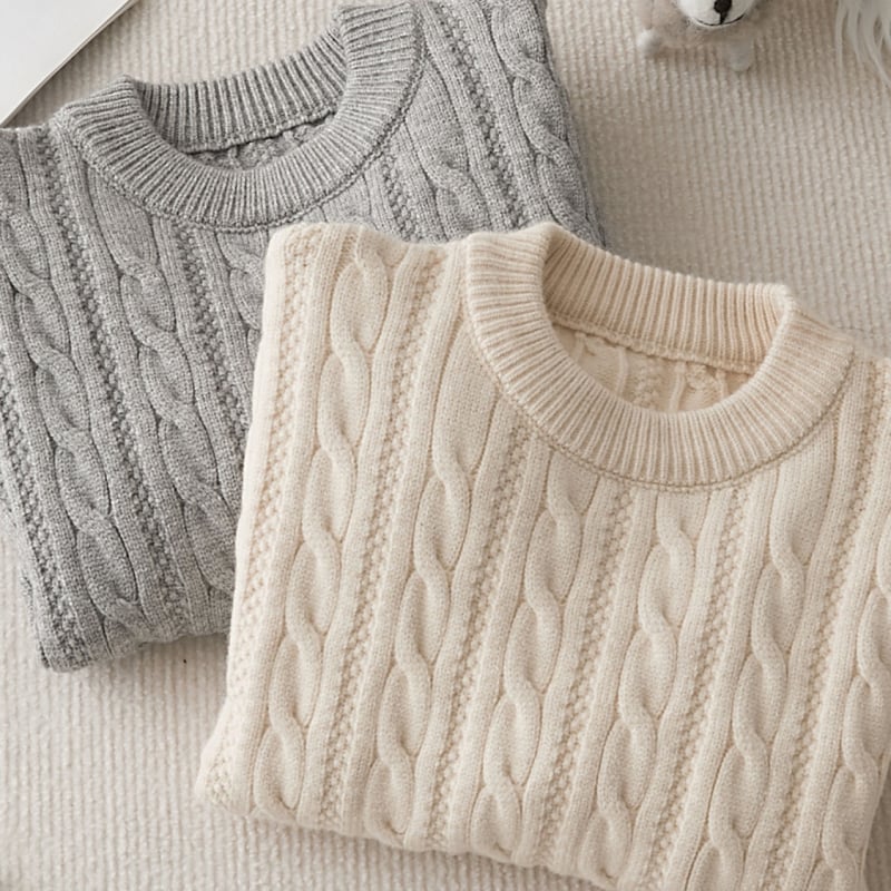 Детски плетен пуловер, удебелен заешки пух, кръгла яка, дълъг ръкав, солиден модел