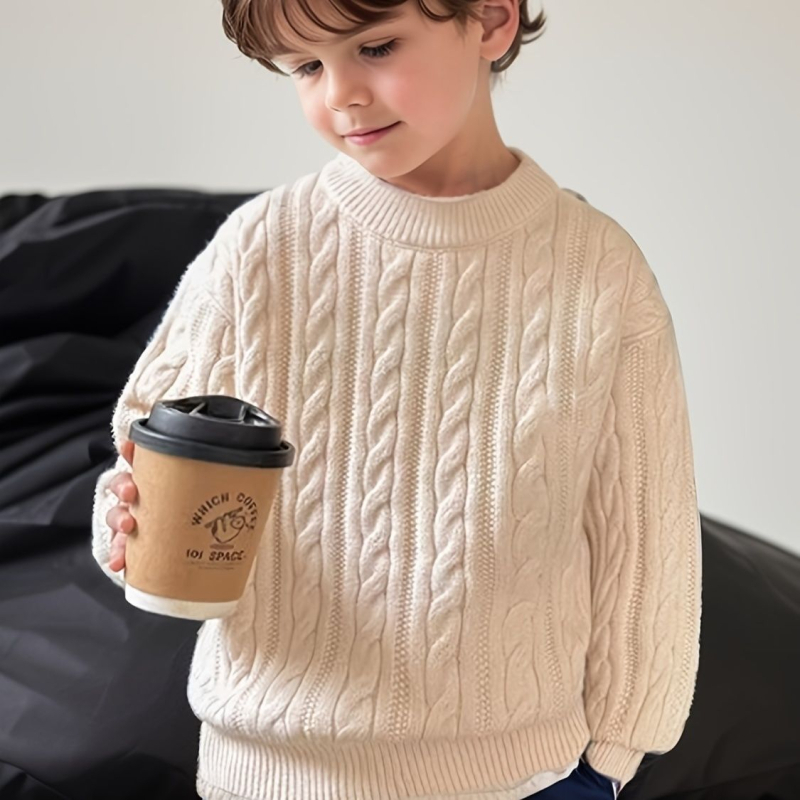 Детски плетен пуловер, удебелен заешки пух, кръгла яка, дълъг ръкав, солиден модел