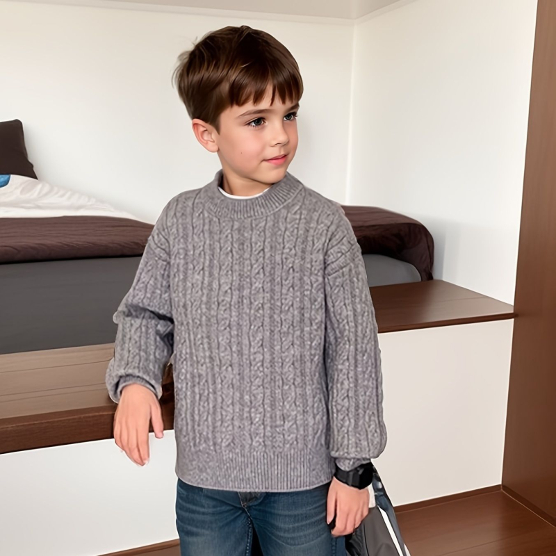 Детски плетен пуловер, удебелен заешки пух, кръгла яка, дълъг ръкав, солиден модел