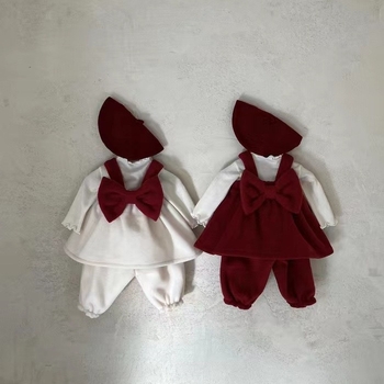 Зимен комплект за деца от две части, корейски стил, дебел памук (85%), дълги ръкави, пуловер без качулка, едноцветен, за деца 1–3 години