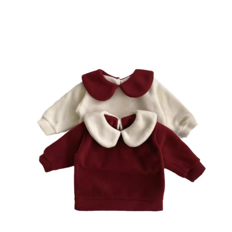 Зимен комплект за деца от две части, корейски стил, дебел памук (85%), дълги ръкави, пуловер без качулка, едноцветен, за деца 1–3 години