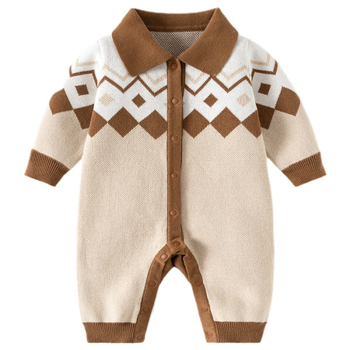 Британски стил плетен бебешки гащеризон - 100% памук, плътна плетка, дълги ръкави, унисекс за новородени, едноредово закопчаване