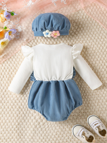 Памучен бебешки ромпер с вафелна текстура и 3D цветя, шапка, комплект от две части, дълги ръкави