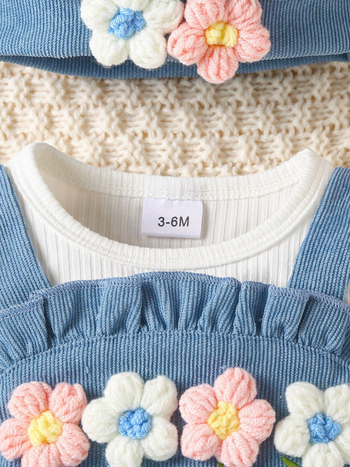 Памучен бебешки ромпер с вафелна текстура и 3D цветя, шапка, комплект от две части, дълги ръкави