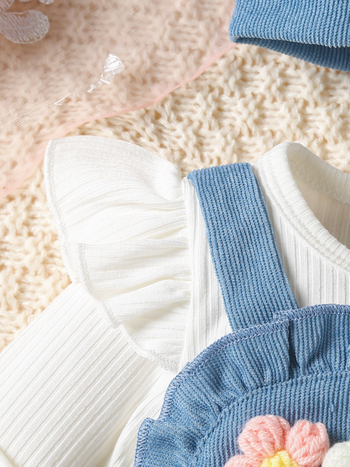 Памучен бебешки ромпер с вафелна текстура и 3D цветя, шапка, комплект от две части, дълги ръкави