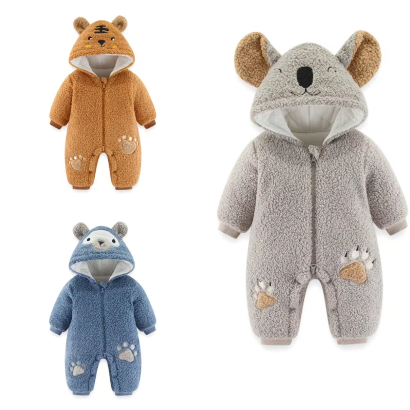 Унисекс бебешки гащеризон Teddy Velvet, quilted дизайн, дебел зимен слой, дълги ръкави, качулка с фиксирана шапка, цип