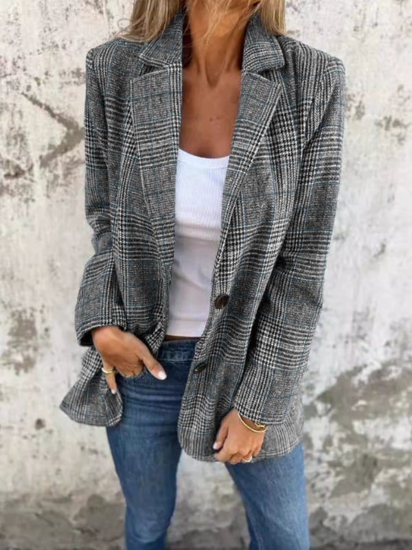 Жакет от полиестер с еластан, каре принт, свободен крой, еднобортен с две копчета, есен 2025