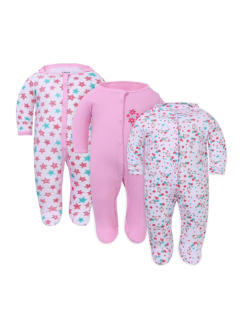 Памучен бебешки гащеризон – 3-частен комплект, дълги ръкави и закрити крачета, унисекс, без качулка, с мотиви мультяшно зайче, цветя и пеперуди
