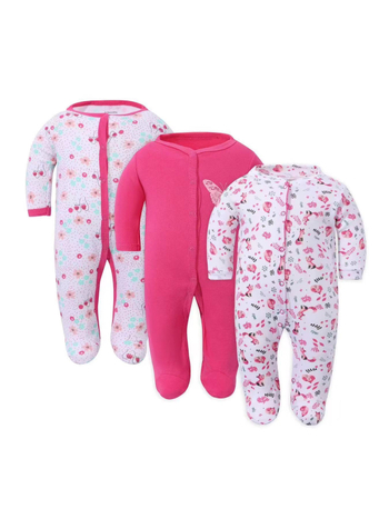 Памучен бебешки гащеризон – 3-частен комплект, дълги ръкави и закрити крачета, унисекс, без качулка, с мотиви мультяшно зайче, цветя и пеперуди