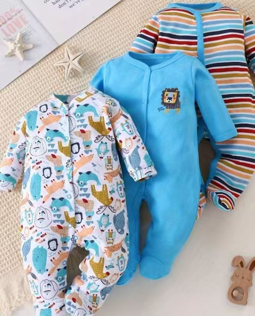 Памучен бебешки гащеризон – 3-частен комплект, дълги ръкави и закрити крачета, унисекс, без качулка, с мотиви мультяшно зайче, цветя и пеперуди