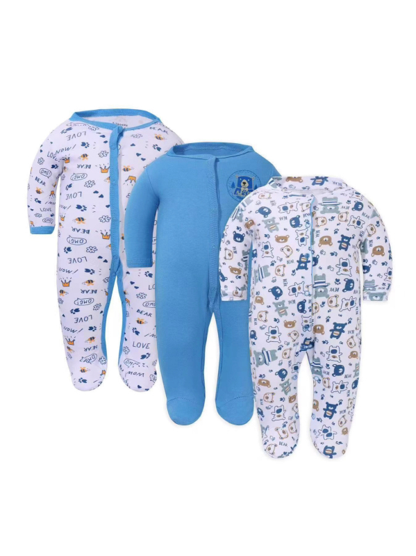 Памучен бебешки гащеризон – 3-частен комплект, дълги ръкави и закрити крачета, унисекс, без качулка, с мотиви мультяшно зайче, цветя и пеперуди