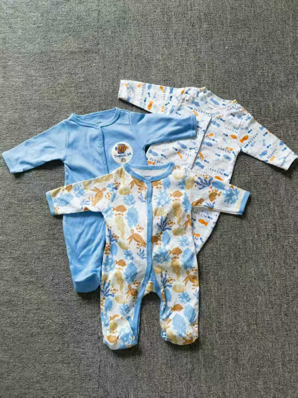 Памучен бебешки гащеризон – 3-частен комплект, дълги ръкави и закрити крачета, унисекс, без качулка, с мотиви мультяшно зайче, цветя и пеперуди