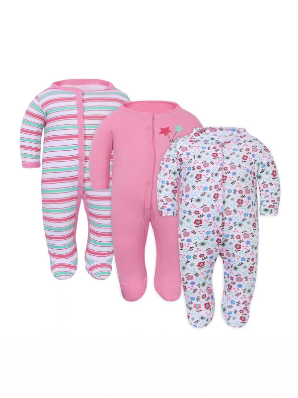 Памучен бебешки гащеризон – 3-частен комплект, дълги ръкави и закрити крачета, унисекс, без качулка, с мотиви мультяшно зайче, цветя и пеперуди