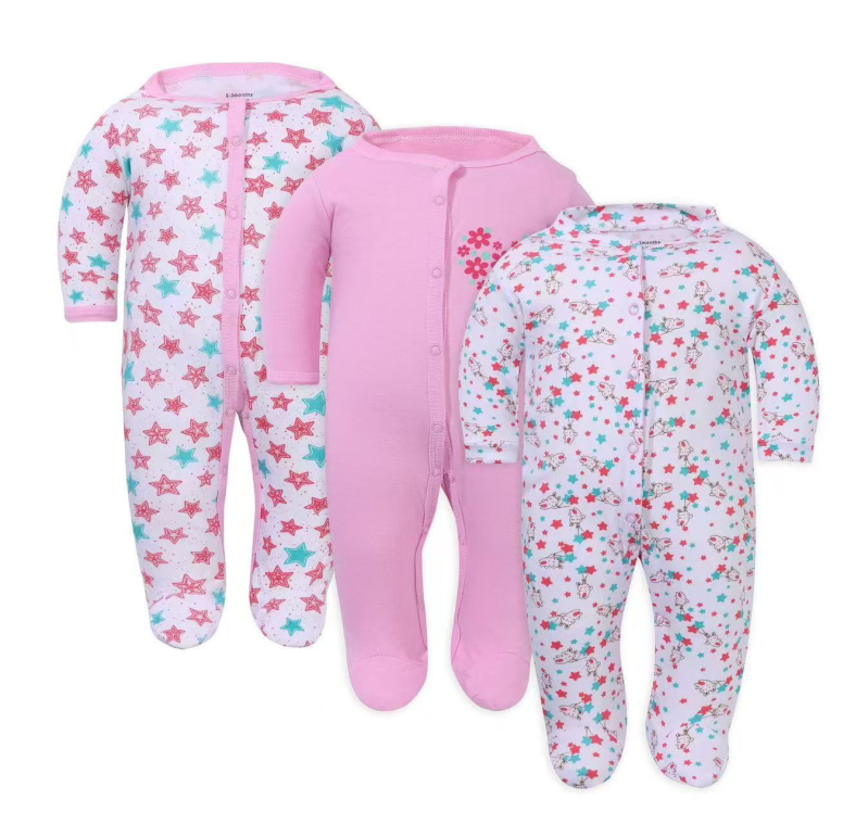 Памучен бебешки гащеризон – 3-частен комплект, дълги ръкави и закрити крачета, унисекс, без качулка, с мотиви мультяшно зайче, цветя и пеперуди