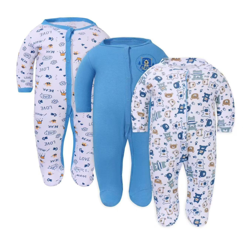 Памучен бебешки гащеризон – 3-частен комплект, дълги ръкави и закрити крачета, унисекс, без качулка, с мотиви мультяшно зайче, цветя и пеперуди