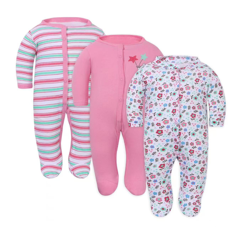 Памучен бебешки гащеризон – 3-частен комплект, дълги ръкави и закрити крачета, унисекс, без качулка, с мотиви мультяшно зайче, цветя и пеперуди