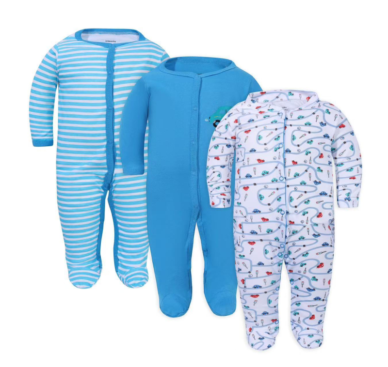 Памучен бебешки гащеризон – 3-частен комплект, дълги ръкави и закрити крачета, унисекс, без качулка, с мотиви мультяшно зайче, цветя и пеперуди