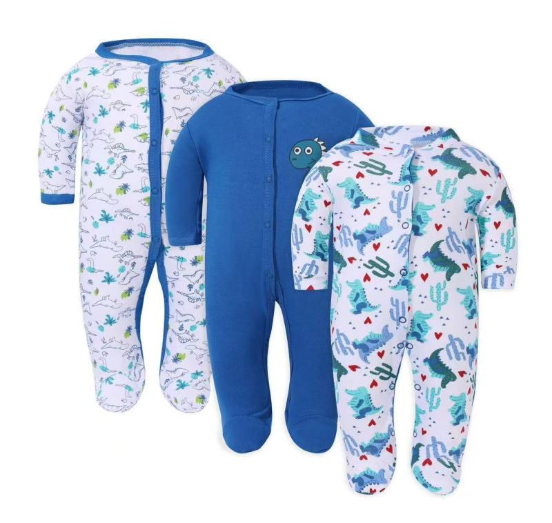 Памучен бебешки гащеризон – 3-частен комплект, дълги ръкави и закрити крачета, унисекс, без качулка, с мотиви мультяшно зайче, цветя и пеперуди