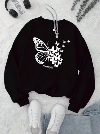 Naiste kapuutsiga sviiter liblika trükiga – polüester, laia lõige, pikad varrukad, ümmargune kaelus