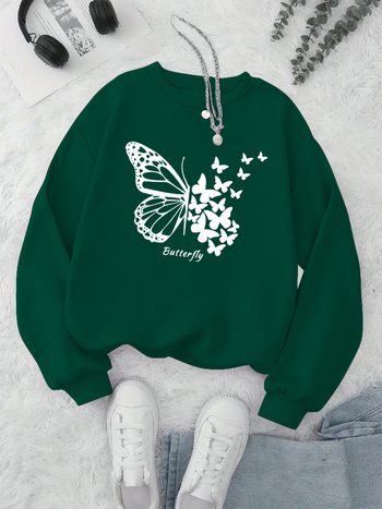 Naiste kapuutsiga sviiter liblika trükiga – polüester, laia lõige, pikad varrukad, ümmargune kaelus