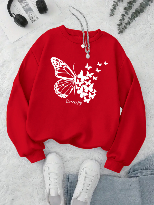 Naiste kapuutsiga sviiter liblika trükiga – polüester, laia lõige, pikad varrukad, ümmargune kaelus