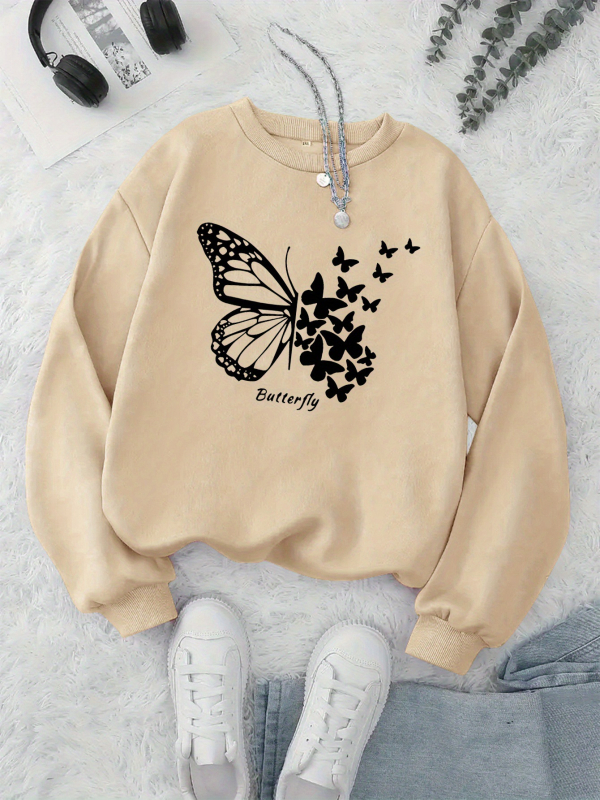 Naiste kapuutsiga sviiter liblika trükiga – polüester, laia lõige, pikad varrukad, ümmargune kaelus