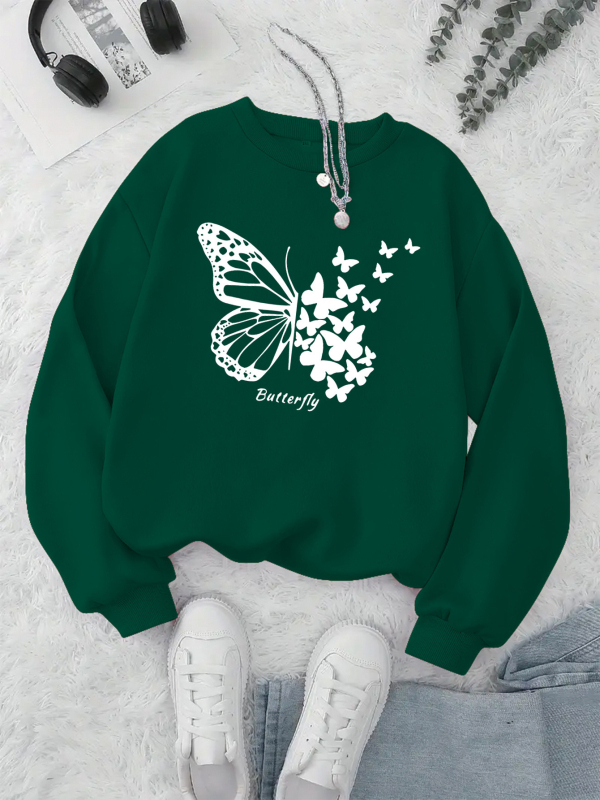 Naiste kapuutsiga sviiter liblika trükiga – polüester, laia lõige, pikad varrukad, ümmargune kaelus