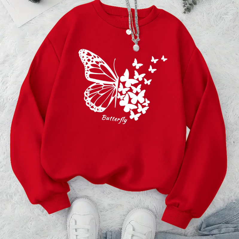 Naiste kapuutsiga sviiter liblika trükiga – polüester, laia lõige, pikad varrukad, ümmargune kaelus