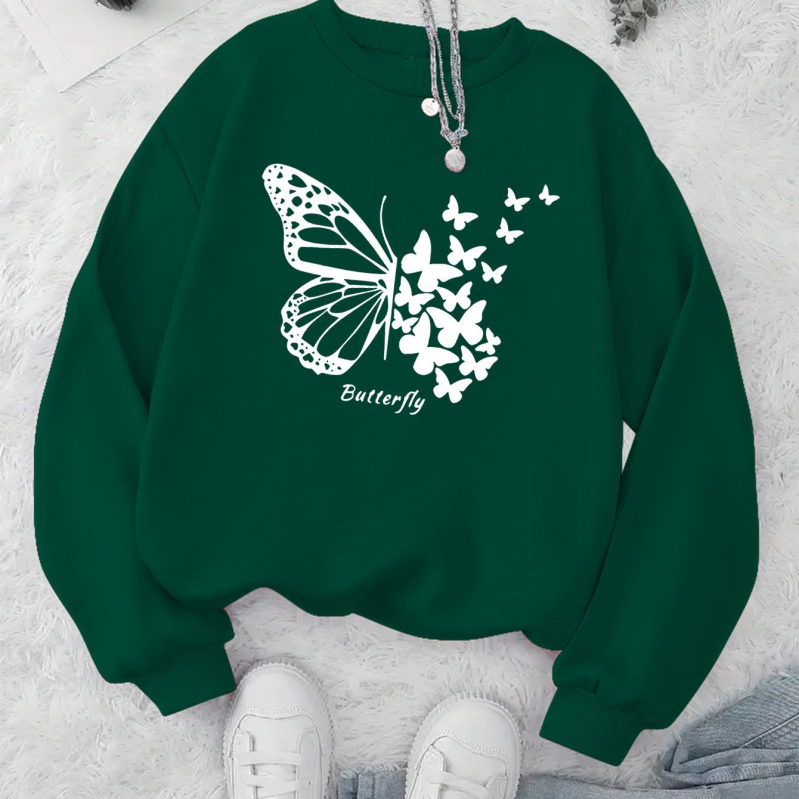 Naiste kapuutsiga sviiter liblika trükiga – polüester, laia lõige, pikad varrukad, ümmargune kaelus