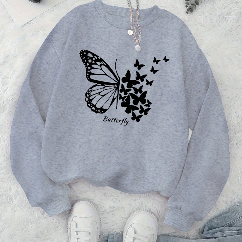 Naiste kapuutsiga sviiter liblika trükiga – polüester, laia lõige, pikad varrukad, ümmargune kaelus