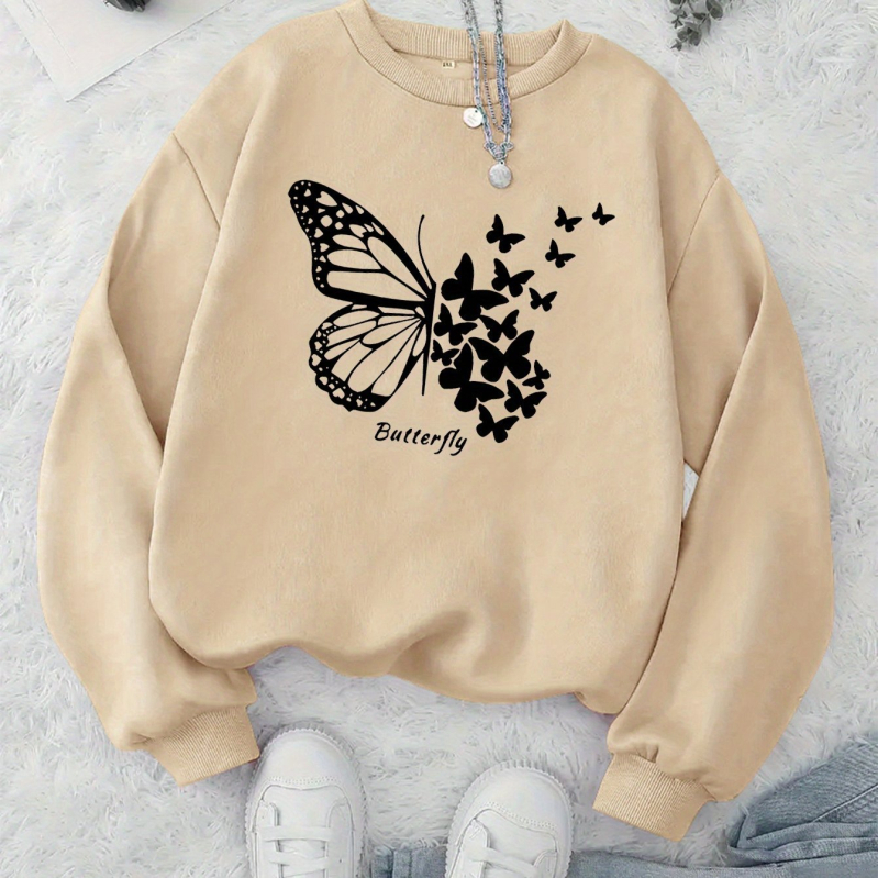 Naiste kapuutsiga sviiter liblika trükiga – polüester, laia lõige, pikad varrukad, ümmargune kaelus