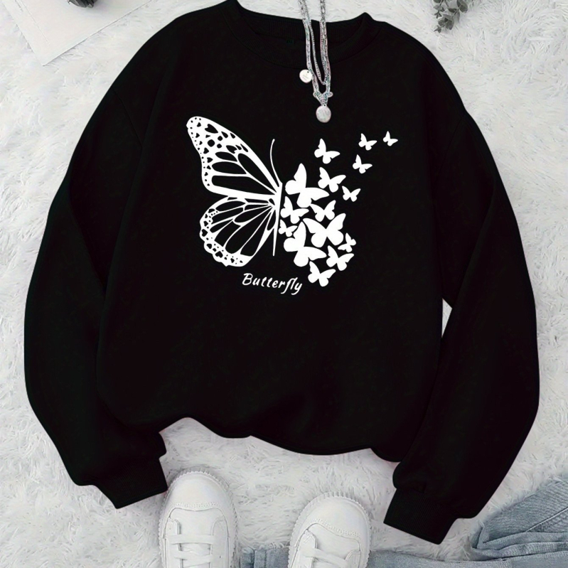 Naiste kapuutsiga sviiter liblika trükiga – polüester, laia lõige, pikad varrukad, ümmargune kaelus