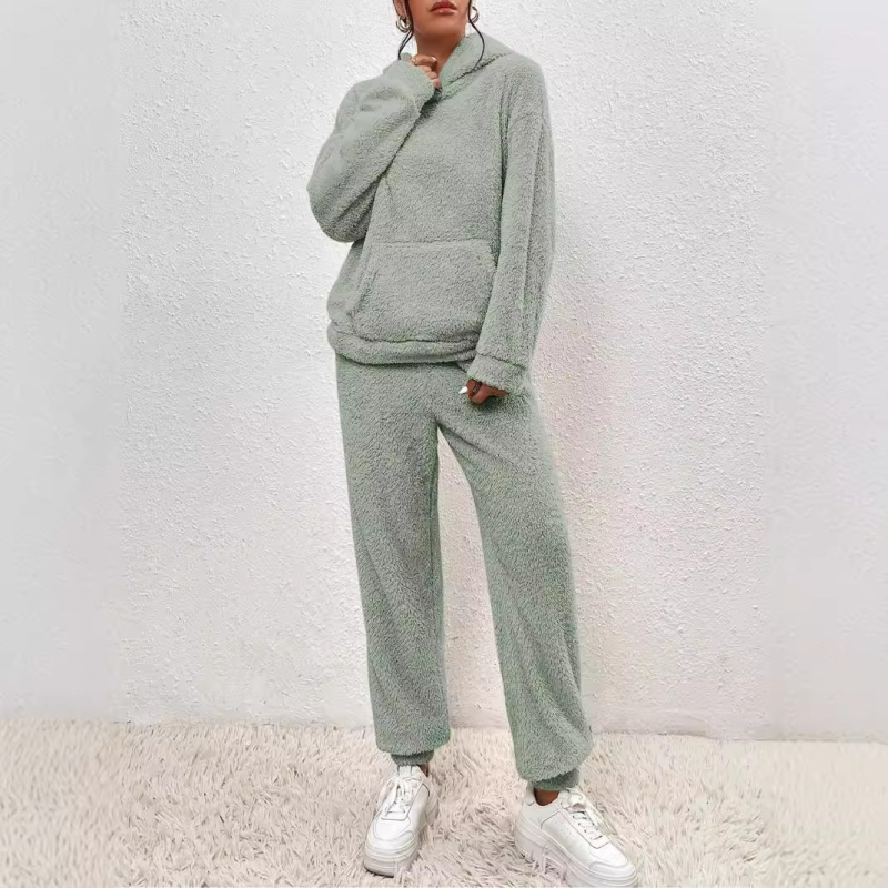 Дамски плюшен костюм с качулка и дълги панталони, полиестер над 95% със спандекс, есен 2025, стил за делово ежедневие