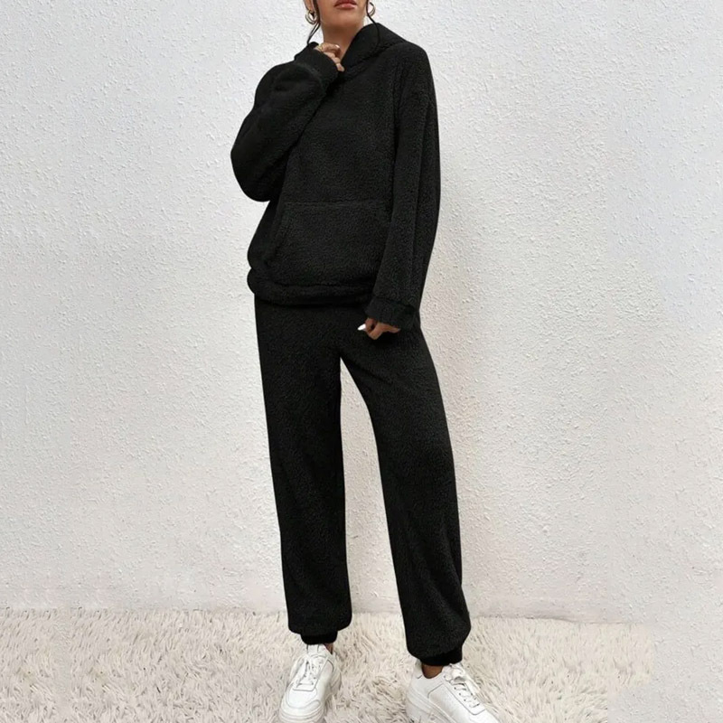 Дамски плюшен костюм с качулка и дълги панталони, полиестер над 95% със спандекс, есен 2025, стил за делово ежедневие