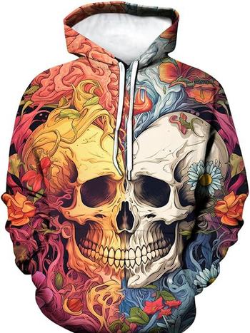 Мъжки дълъг ръкав качулка суитшърт с 3D дигитален принт на костен череп, свободна кройка, полиестерова тъкан, триизмерен джоб