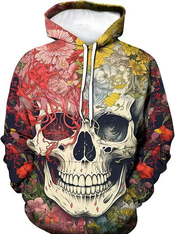 Мъжки дълъг ръкав качулка суитшърт с 3D дигитален принт на костен череп, свободна кройка, полиестерова тъкан, триизмерен джоб
