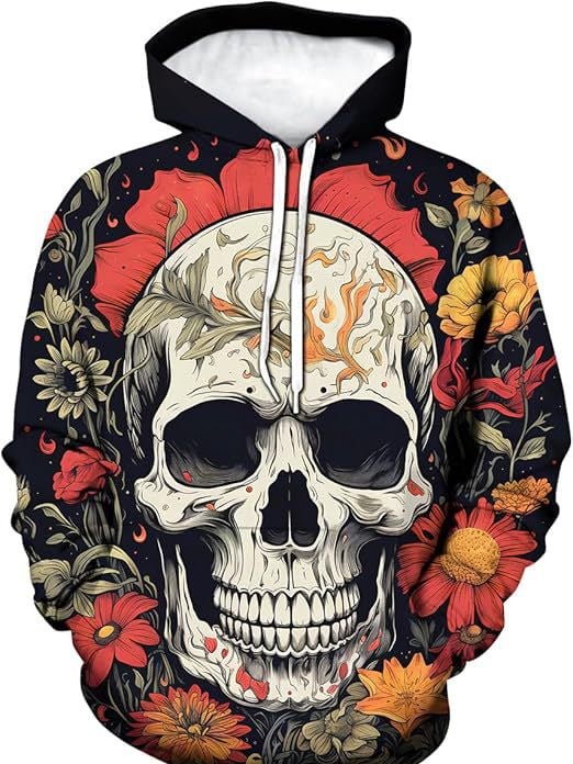 Мъжки дълъг ръкав качулка суитшърт с 3D дигитален принт на костен череп, свободна кройка, полиестерова тъкан, триизмерен джоб