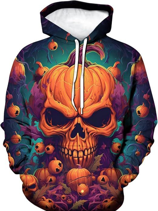 Мъжки дълъг ръкав качулка суитшърт с 3D дигитален принт на костен череп, свободна кройка, полиестерова тъкан, триизмерен джоб