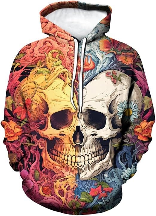 Мъжки дълъг ръкав качулка суитшърт с 3D дигитален принт на костен череп, свободна кройка, полиестерова тъкан, триизмерен джоб