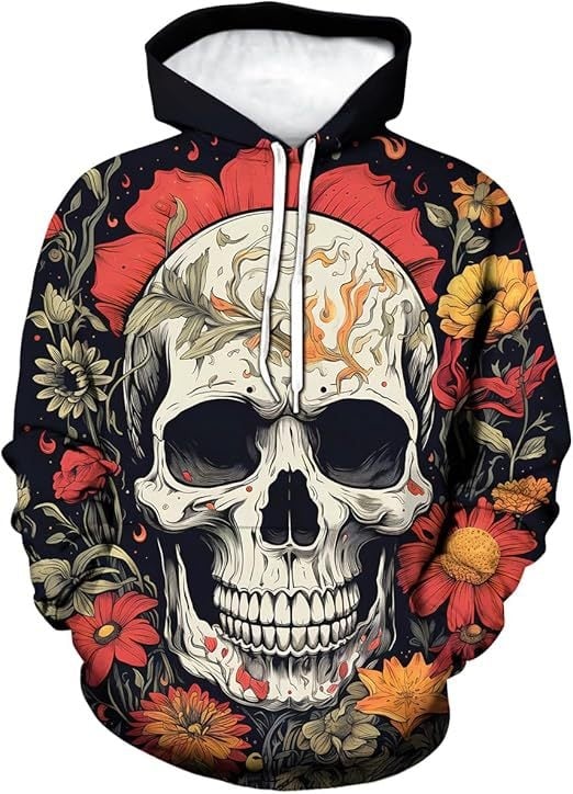 Мъжки дълъг ръкав качулка суитшърт с 3D дигитален принт на костен череп, свободна кройка, полиестерова тъкан, триизмерен джоб