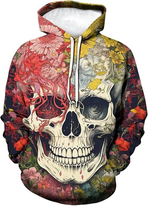 Мъжки дълъг ръкав качулка суитшърт с 3D дигитален принт на костен череп, свободна кройка, полиестерова тъкан, триизмерен джоб