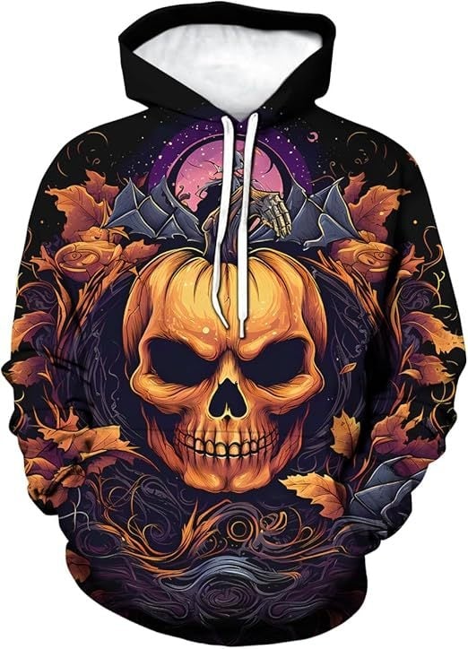 Мъжки дълъг ръкав качулка суитшърт с 3D дигитален принт на костен череп, свободна кройка, полиестерова тъкан, триизмерен джоб