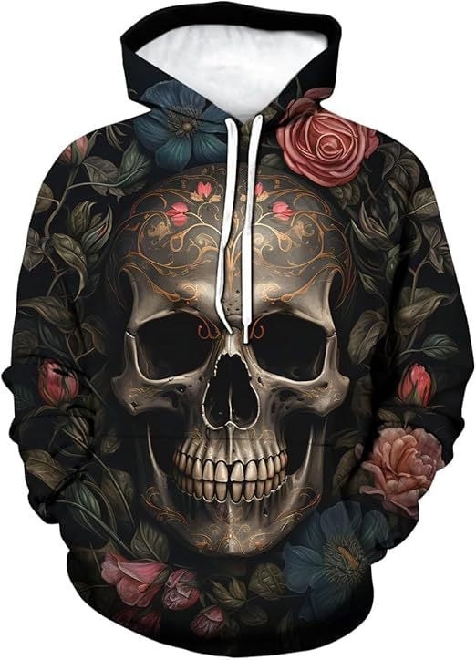 Мъжки дълъг ръкав качулка суитшърт с 3D дигитален принт на костен череп, свободна кройка, полиестерова тъкан, триизмерен джоб